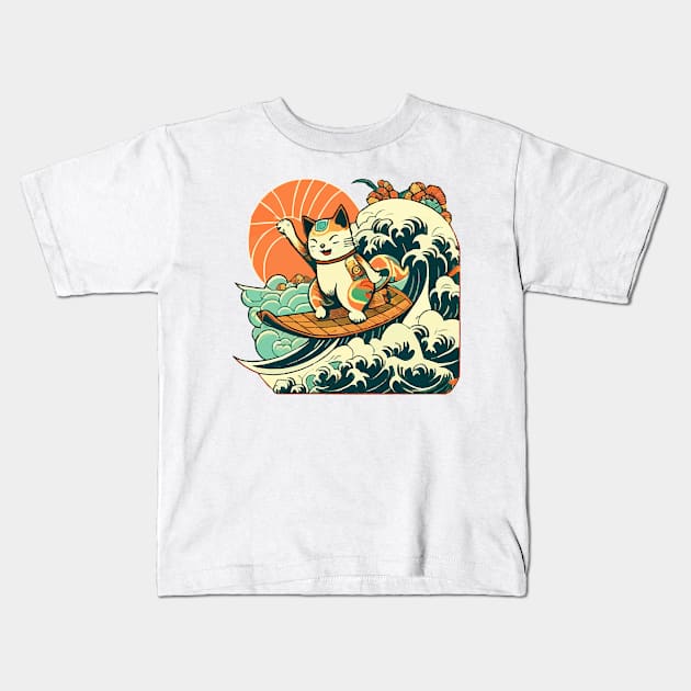 Japanese Aloha Surf Cat Kids T-Shirt by Kona Cat Creationz